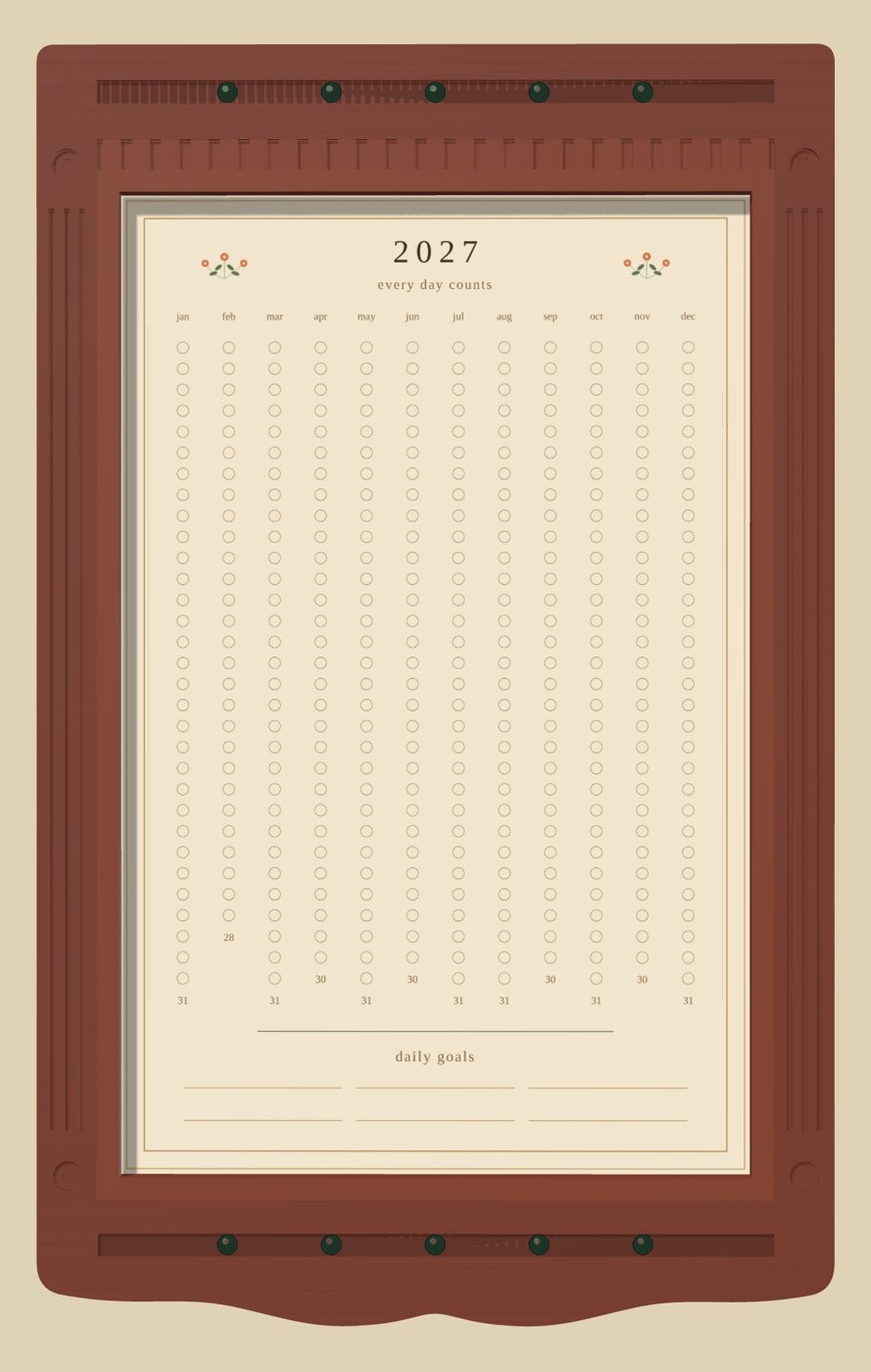 Front view render of the goal tracker: a cherry wood frame with reeded posts, dentil molding, and a scalloped base, holding a cream sheet with twelve month columns of punch-out circles and a daily goals section